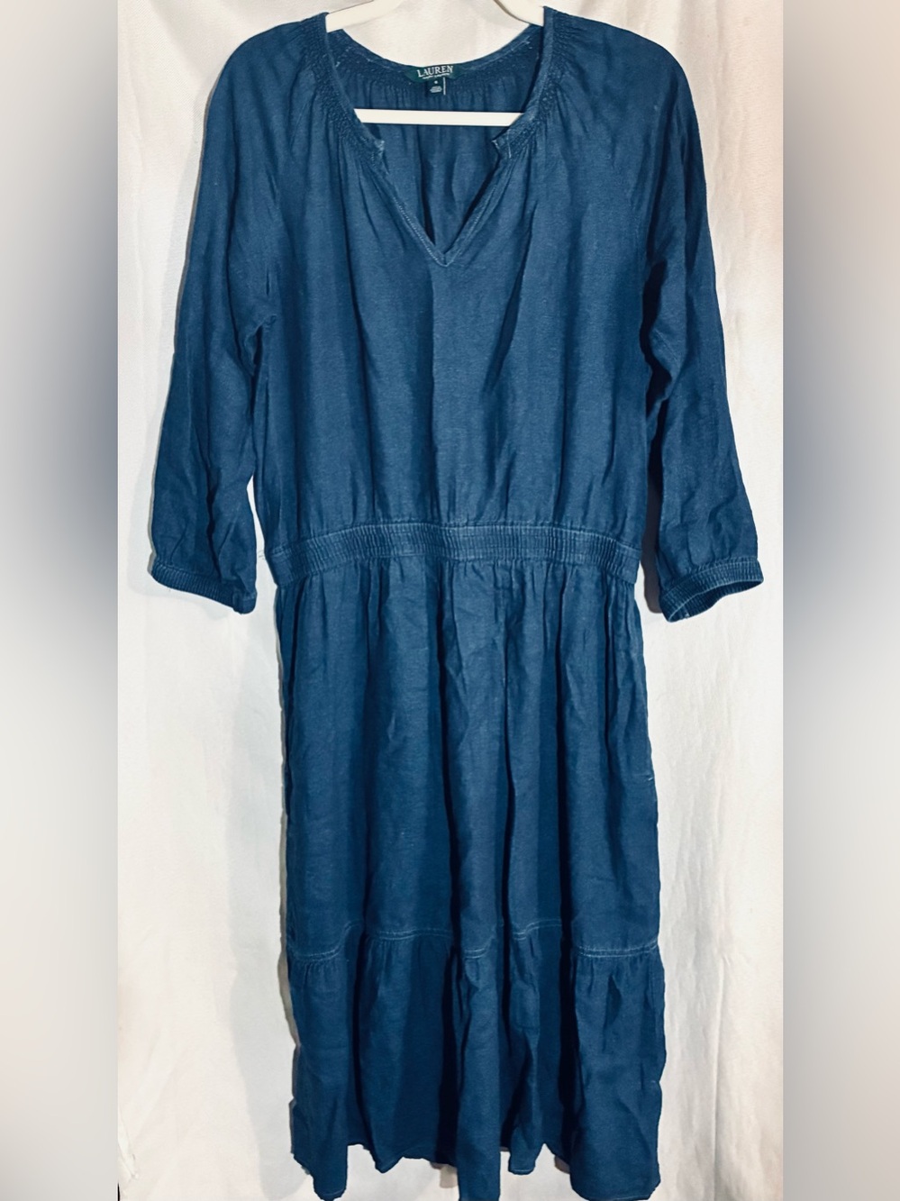 Lauren Ralph Linen Denim Tier Dress Sz 8 Dark Wash Peasant Festival Prairie